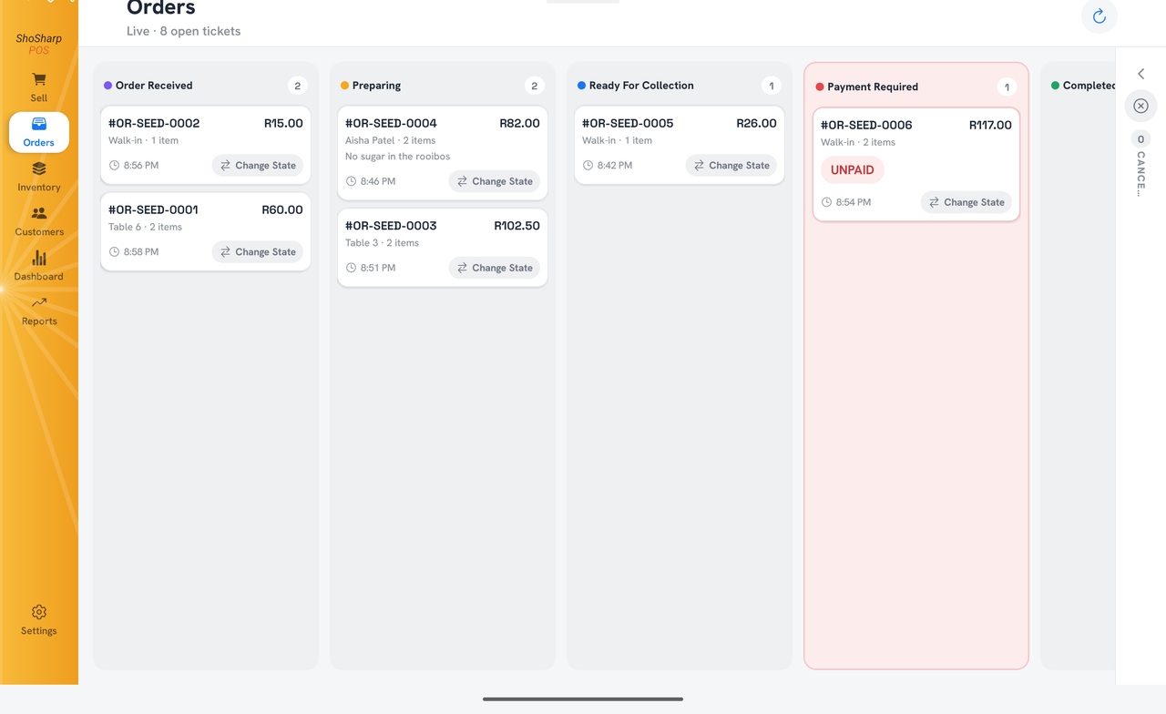 ShoSharp Orders — tablet layout